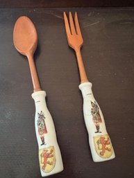 Vintage Wood Scottish Salad Servers With Ceramic Handles