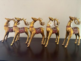 Set Of 5 Decorative Gold Reindeer