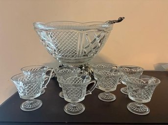 Vintage Pressed Glass Punch Bowl With Silverplated Base And 8 Punch Glasses