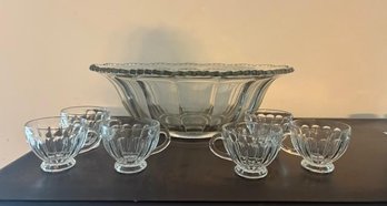 Glass Punchbowl With 6 Matching Punch Glasses