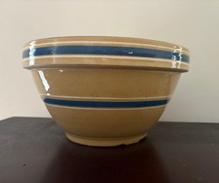 Vintage Yellow Stoneware Mixing Bowl With Blue And White Stripes
