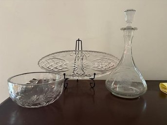 3 Pieces Floral Pattern Glass - Bowl, Oval Serving Dish & Decanter