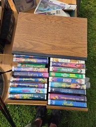 Lot Of 18 VHS Tapes In Storage Box With Drawer. Mostly Disney Movies