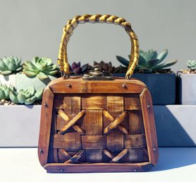 Vintage Small Hand Woven Wooden Basket Weave Pattern Box Purse