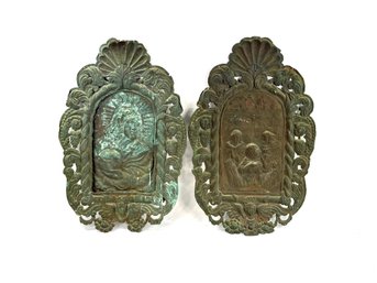 Pair Of Early European Tin Religious Wall Plaques