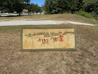 Large Early Embroidery Depicting Reindeer And Skiers