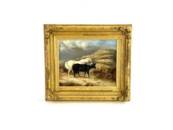 Antique Oil On Canvas Of Two Horses In The Mountains