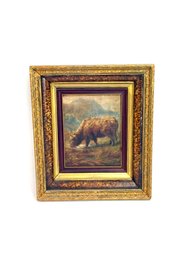 Antique Painting Of Scottish Cow On Board