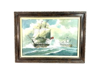 Large Oil On Canvas Battleship Painting With French Ship