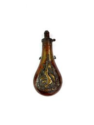 Antique Metal Hunting Powder Flask With Hanging Rabbits