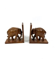 Two Mid-century Hand Carved Elephant Bookends
