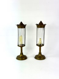 Pair Of Brass Candle Lanterns With Glass Inserts