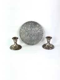 Two Sterling Silver Weighted Candlesticks And Trivet