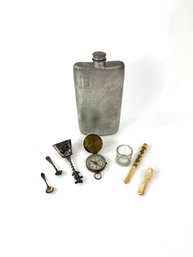 Group Of Items Including Flask And Small Sterling Spoon