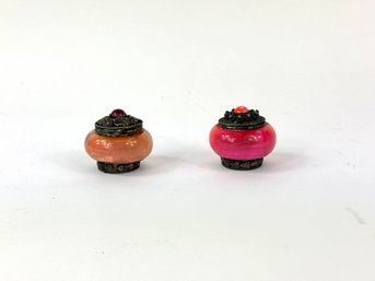 Two Antique Pink Glass Vanity Containers