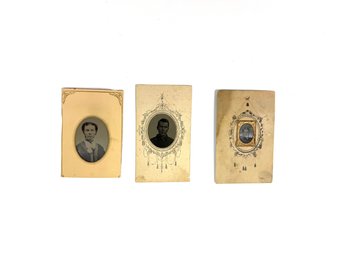 Three Antique Tin Types In Decorative Paper