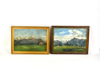 Pair Of 1940s Oil On Board European Mountian Scenes