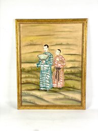 Asian Oil On Silk Signed In Lower Right Corner.