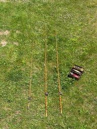 Three Antique Lake Dunmore Bamboo Trolling Rods And Tackle Box