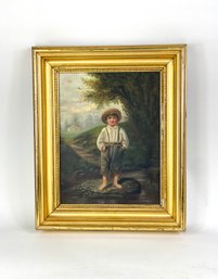 19th C. Oil On Canvas  Of Folky Country Boy In The Woods