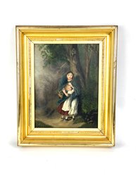 19th C. Oil On Canvas Of Folky Women With Child In Lightning Storm