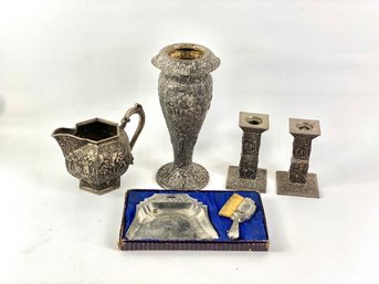 Crumb Brush With Pan And Pair Of Vintage Ornate Candlestick Holder