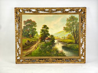 Large Mid-century Oil On Canvas Mountian River Scene