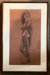 'After The Bath' Nude Woman Charcoal Drawing With Frame Signed By B. Dahlin
