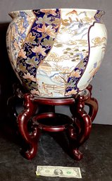 Vintage Asian Porcelain Pot With Dark Wood Base