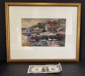 Framed Watercolor By Artist Marilyn Solnit  Ofseaside Boats And Cottages