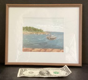 Small Watercolor Painting  Of Boats And Water Framed Under Glass Matted And Framed In Wood.