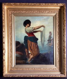 21 X 24 Original Antique  Italian Oil Painting Of Women Washing Her Clothes By The Sea