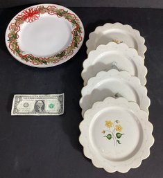 Vintage 4 Hand Painted Dessert Plates From Portugal And One Holiday Platter
