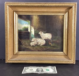 Antique  Original Oil  Painting Of Three Sheep And A Chicken Inin A Gilded Frame