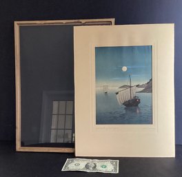 Original Vintage Signed Japanese Block Print Sail Boats By Moonlight