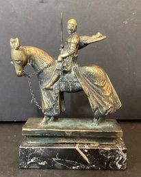 Antique Bronze Crusader Knight On Horseback On & Mounted On Marble Base