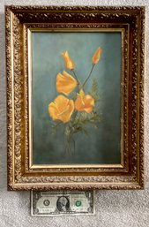 Original Antique Oil Painting Of Five Golden Poppies Framed In Gilded Wood