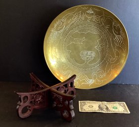 Vintage Brass Embossed Bowl With Rosewood Stand