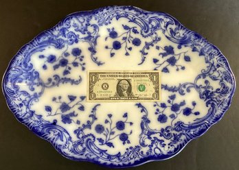 Large Asian Flow Blue Serving Platter Blue On White Ceramic