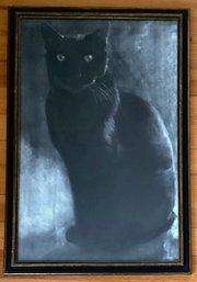 Original Framed  Charcoal Drawing Of A Black Cat