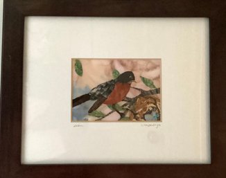 Signed And Framed  Embroidery And Material Rendering Of A Red Robin
