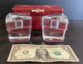 A Pair Of Orrefors Crystal Candleholders In Original Box
