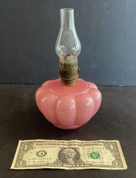 Antique Miniature Oil Lamp With A Rose Colored Case Glass Base &  Chimney