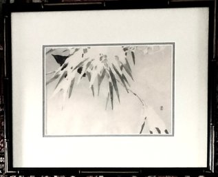 Vintage Asian Watercolor Of A Hiding Bird In Bamboo Signed