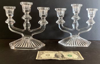 Vintage Pressed Clear Glass Three Branch Candle Holders Circa 1930s