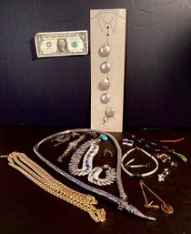 Eclectic Jewelry Collection Of Necklaces, Earrings, Button Covers, And Watch