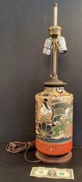 Antique Satsuma Lamp With Wood Base In Gold, Orange, And Green