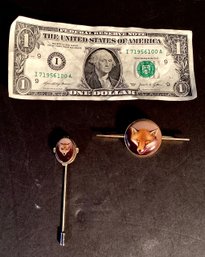 Antique Hand Painted Porcelain Fox Brooch & Matching Stick Pin