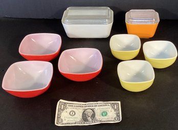 Mid Century Pyrex  Including 6  Small Bowls & 2 Oven To Table Storage With Glass Tops
