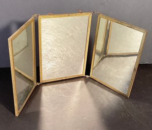 Antique Leather  And Brass 3-Panel Mirror Embossed In Cranberry Leather  With  Chain